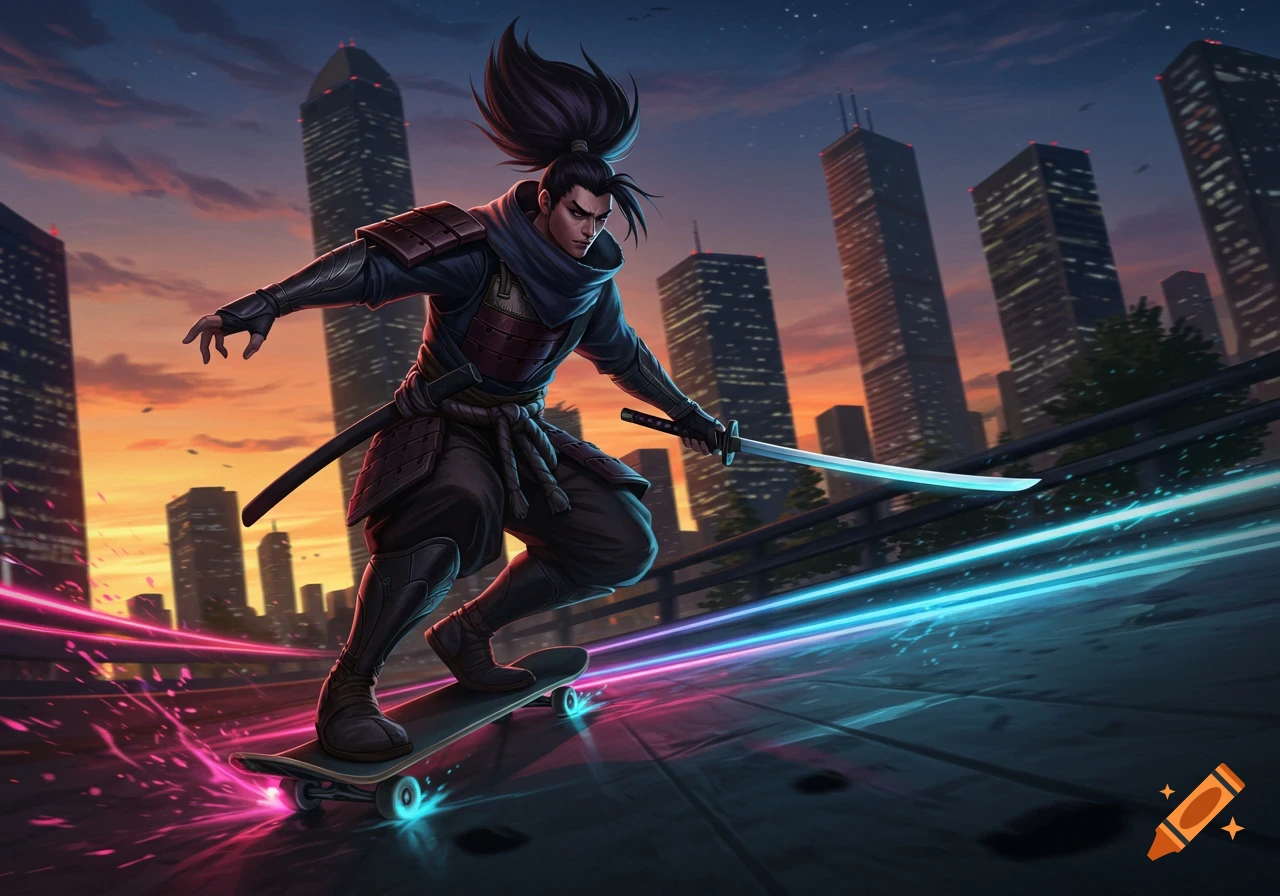 An anime-style samurai-like character on a skateboard, holding a glowing sword, speeding through a city at sunset with neon light trails.