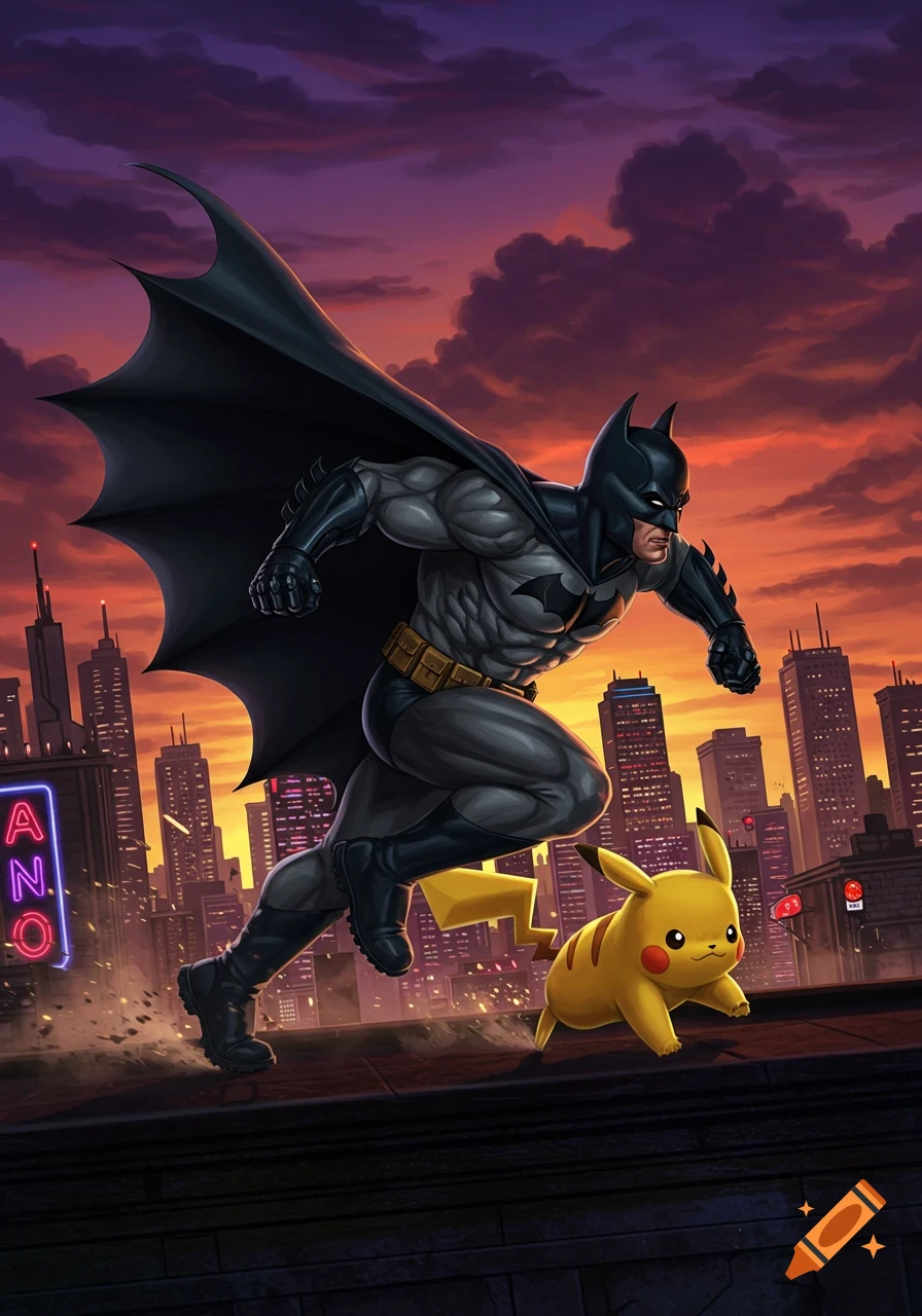 Batman and Pikachu running across a city rooftop at sunset with a dramatic sky, in a detailed comic art style.