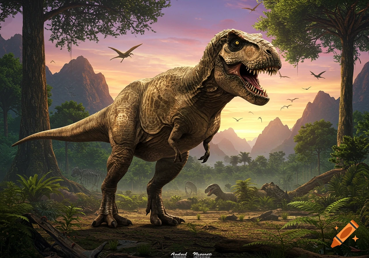 Photorealistic Tyrannosaurus Rex roaring in a prehistoric jungle at sunset with mountains and flying pterodactyls.