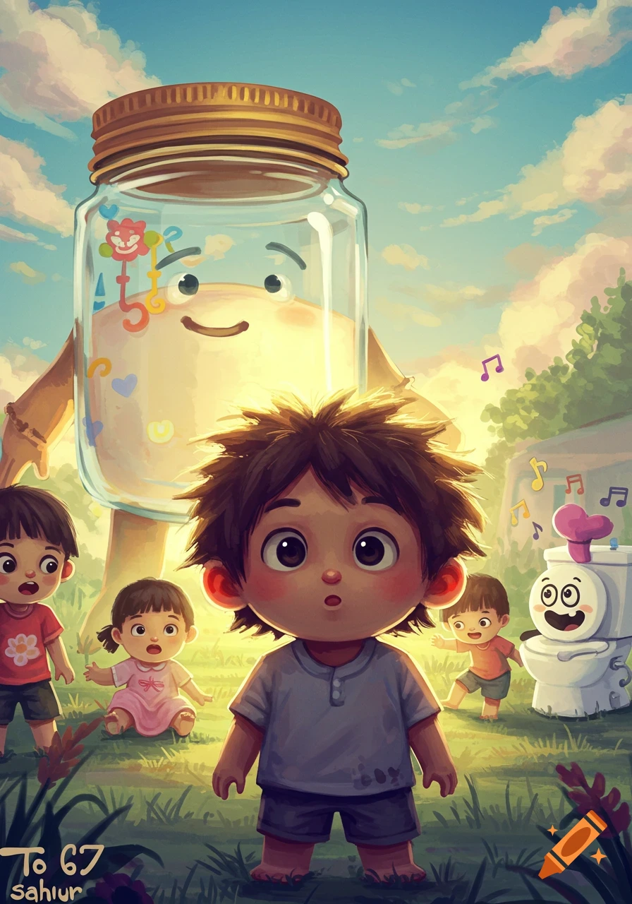 Whimsical illustration of children in a sunny field with a giant, friendly jar and a cartoon toilet.