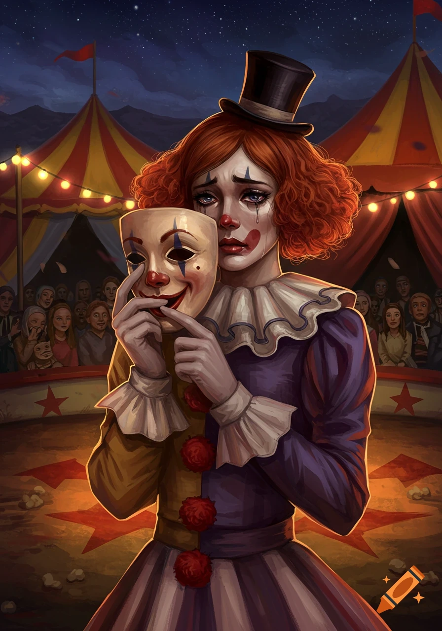 A crying clown woman in a top hat holds a smiling mask, standing in a circus ring with tents and an audience at night. Digital painting.