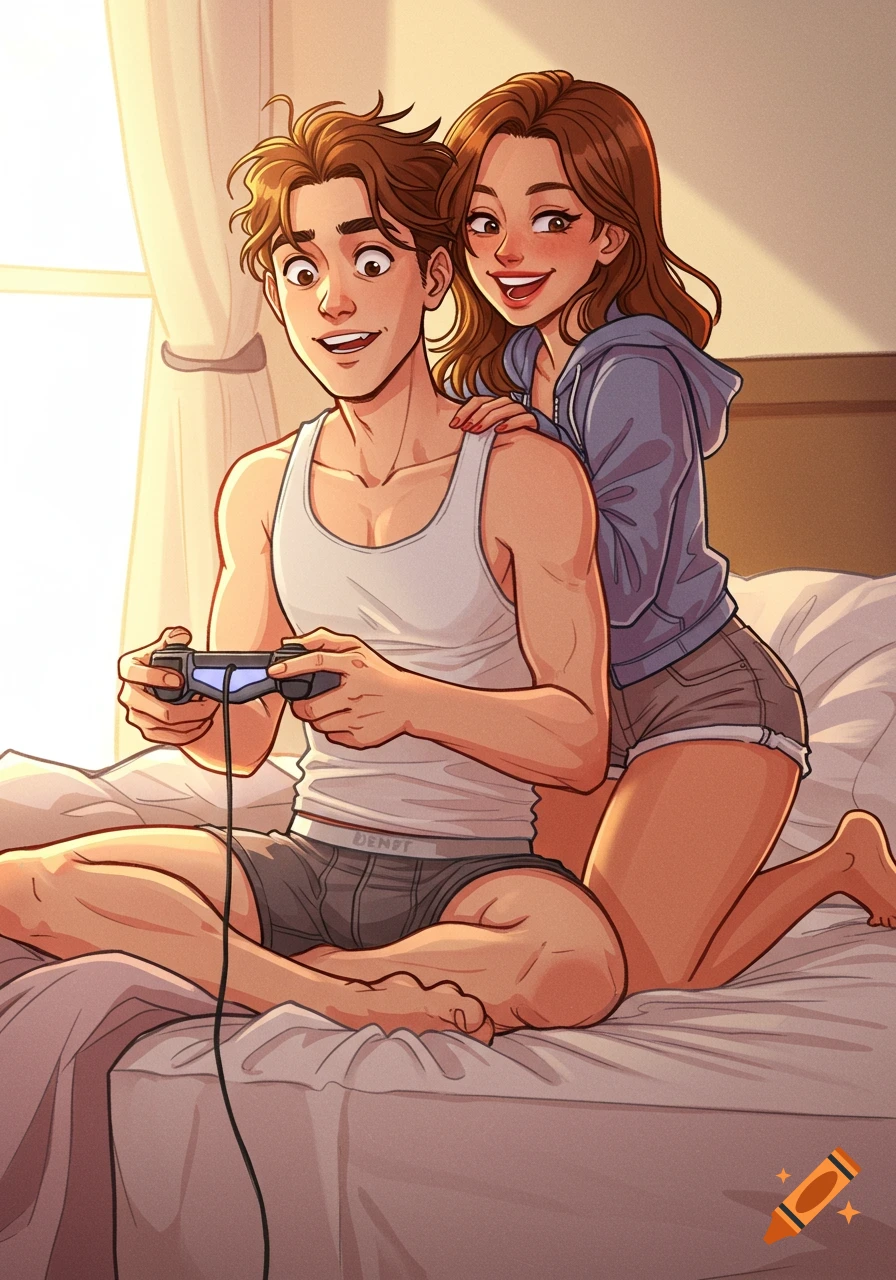A cartoon illustration of a young couple on a bed. The man, in a tank top and boxers, plays a video game while the woman, in shorts and a hoodie, teases him.