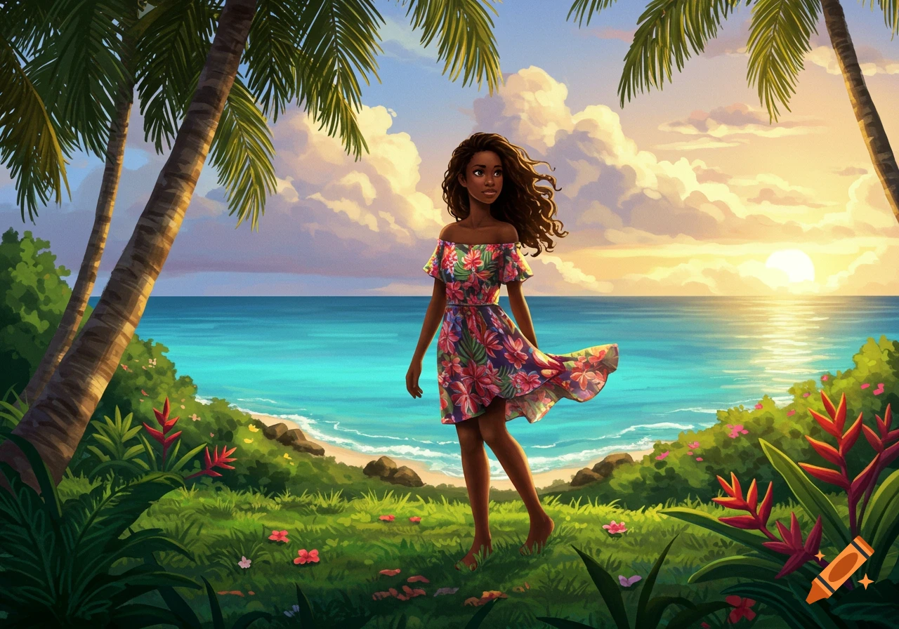 An illustration of a young woman in a floral dress standing on a tropical beach with palm trees at sunset.