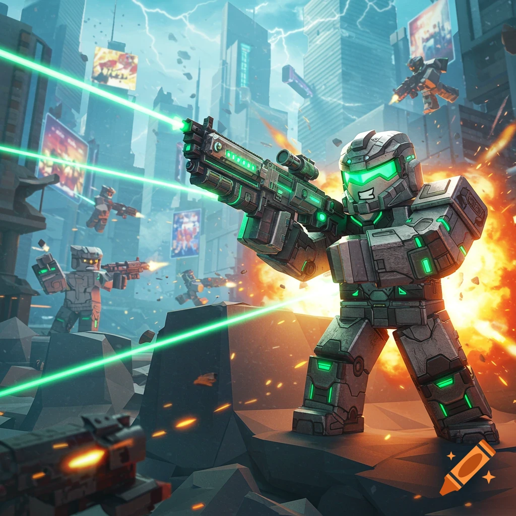 Armored blocky character with green glowing visor and rifle in a futuristic city battle with explosions and laser beams, Roblox style.