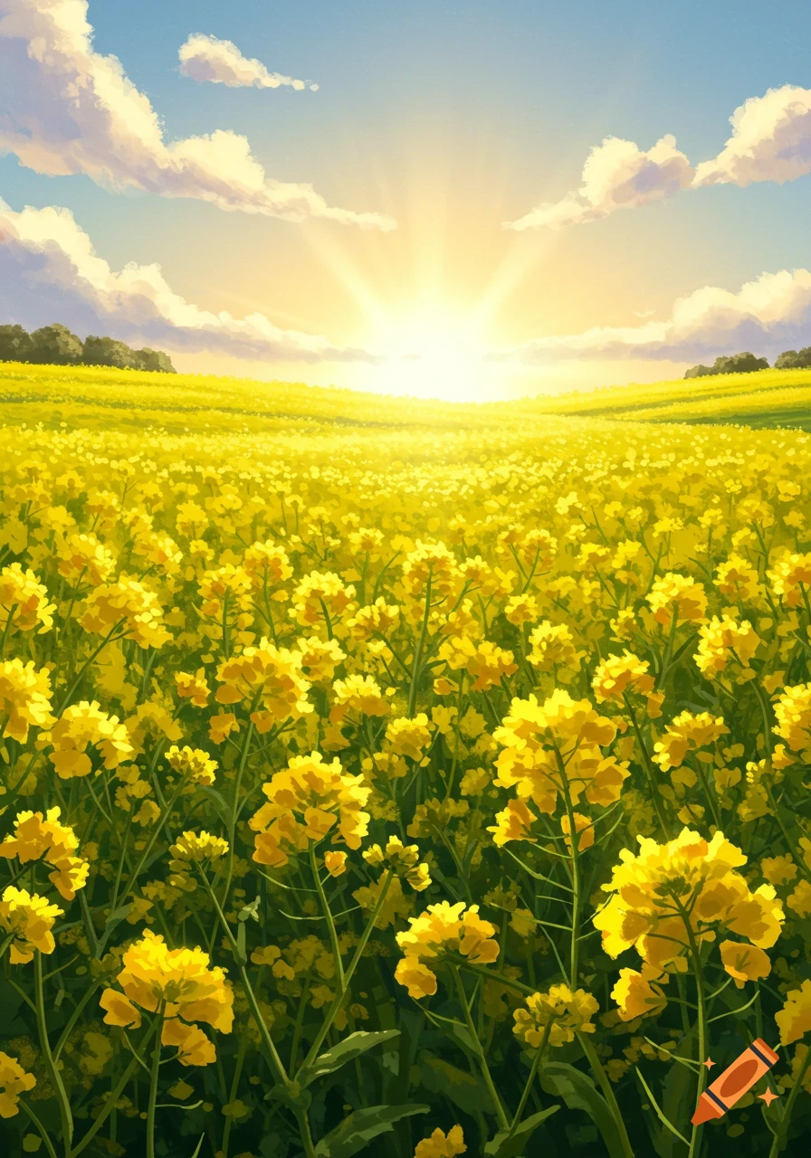 A vibrant field of yellow oil seed rape flowers under a bright sunny sky with fluffy clouds, stylized digital painting.