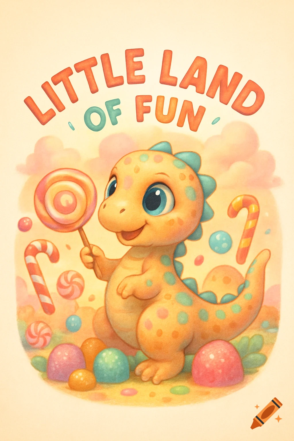 A whimsical illustration of a cute orange dinosaur with polka dots holding a lollipop, surrounded by candies. Text reads 'LITTLE LAND OF FUN'.