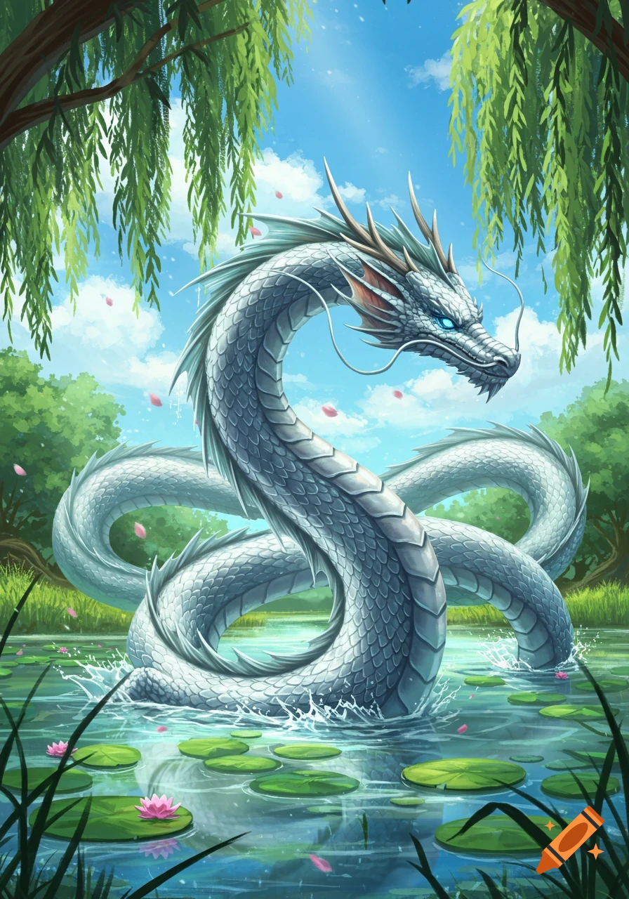 An illustrated white dragon coils majestically in a lily pad-filled pond, framed by weeping willow trees under a clear blue sky.