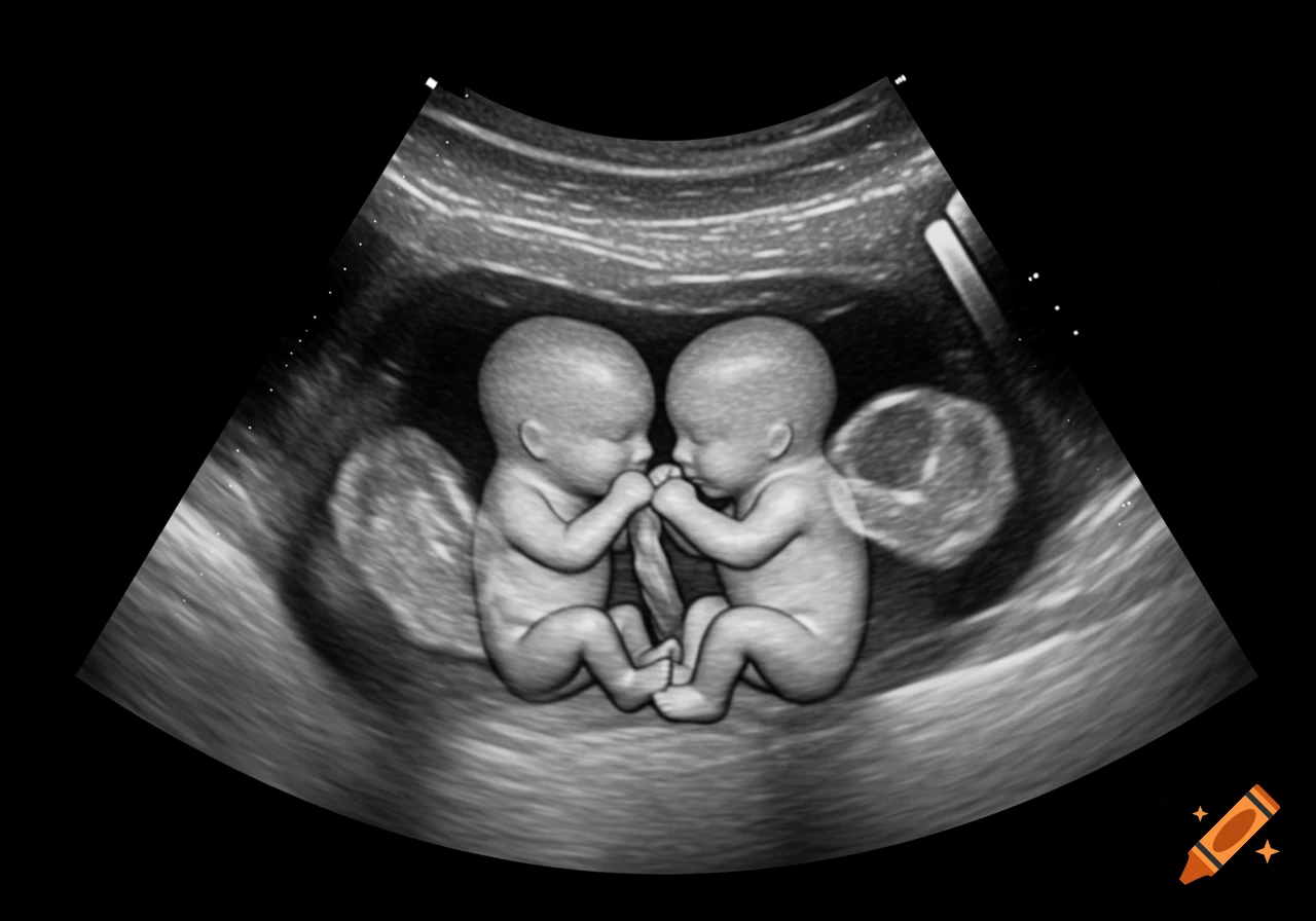 Black and white sonogram image depicting two twin fetuses appearing to hold hands.