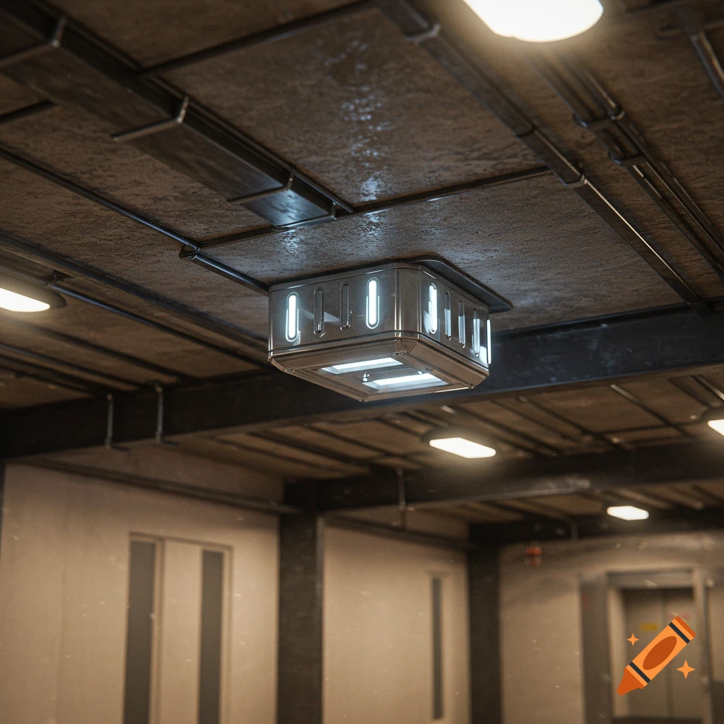 A futuristic metallic light fixture with glowing vertical panels hangs from a grimy ceiling in an industrial or sci-fi building interior.