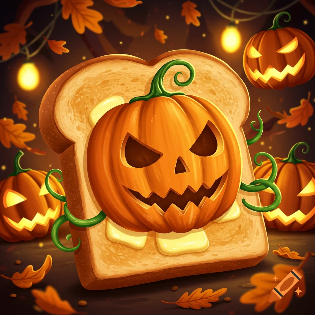 Cartoon jack-o'-lantern on buttered toast amidst glowing pumpkins, autumn leaves, and string lights in a spooky Halloween scene.