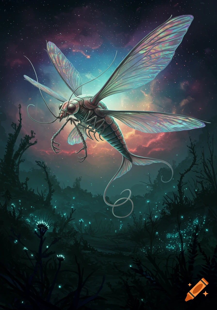 A large, alien insectoid creature with iridescent wings flies against a vibrant nebula sky above glowing alien flora.