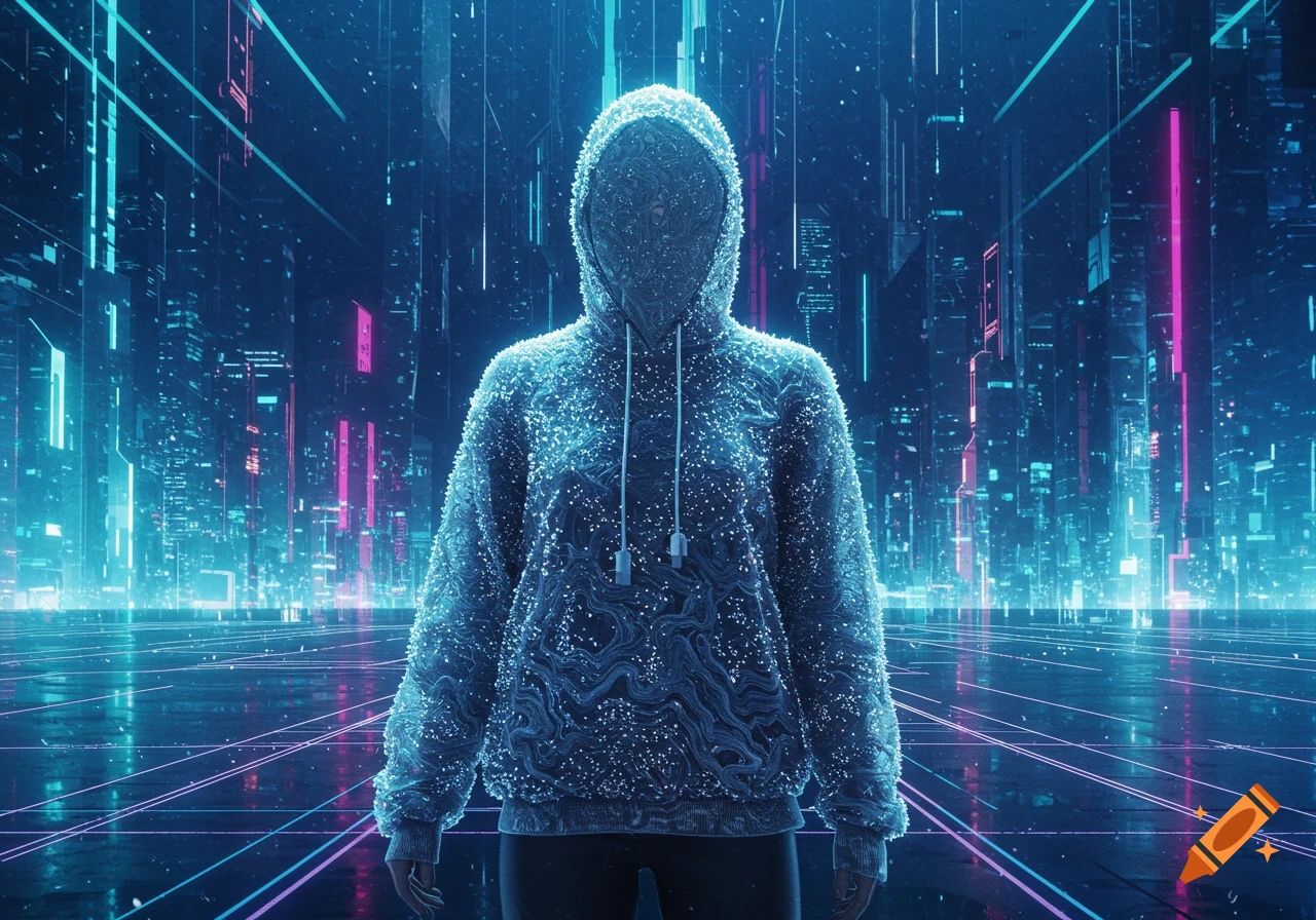 Figure in a textured, glowing hoodie stands in a neon-lit futuristic city.