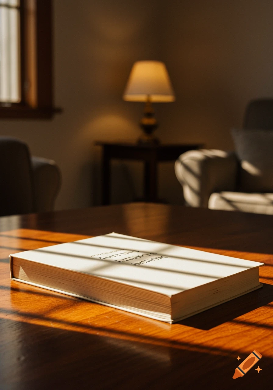 A photorealistic image of a book lying on a wooden table in a sunlit room, with a lamp and chairs blurred in the background.