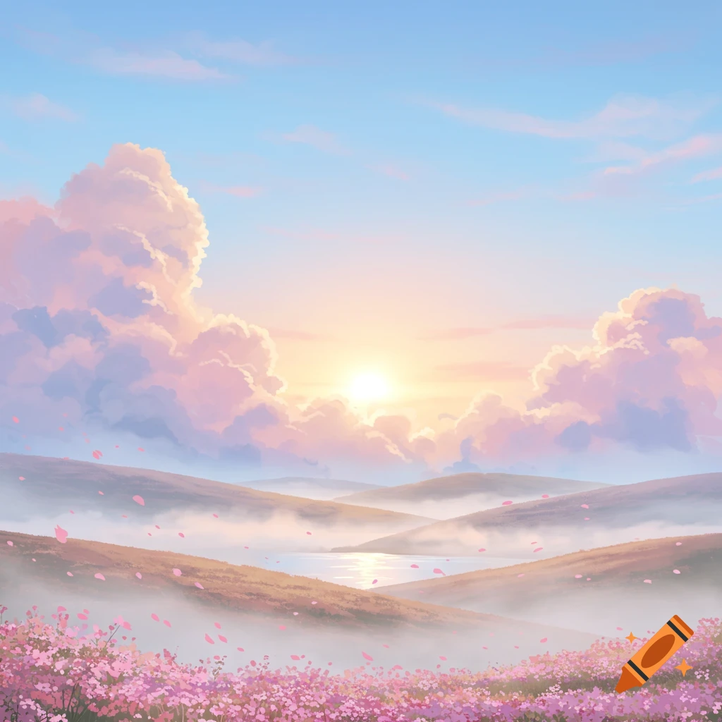 A beautiful stylized illustration of a sunset over misty hills, a lake, and a field of pink flowers with falling petals.
