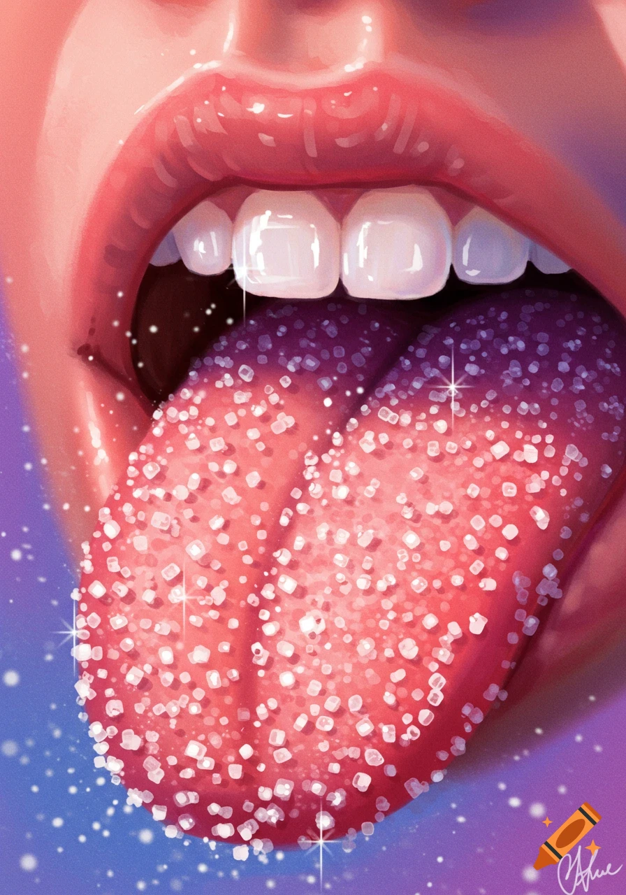 A vibrant digital illustration of a mouth with a tongue extended, covered in sparkling white sugar crystals.
