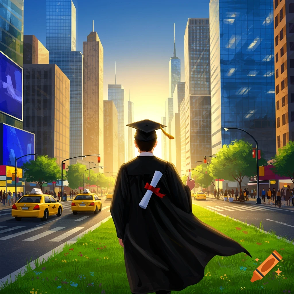 A college graduate in a cap and gown, holding a diploma, stands in a bustling city looking towards a bright future.