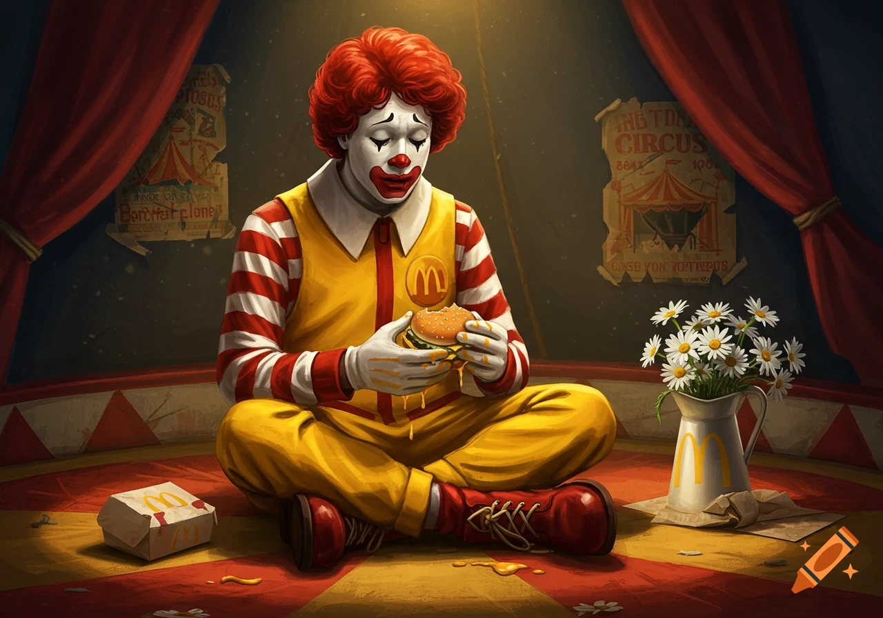 A melancholic Ronald McDonald clown sits cross-legged in a circus tent, holding a sloppy burger.