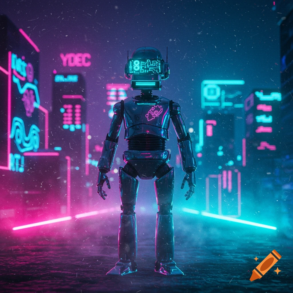Metallic robot standing in a neon-lit cyberpunk city at night with glowing pink and blue lights.