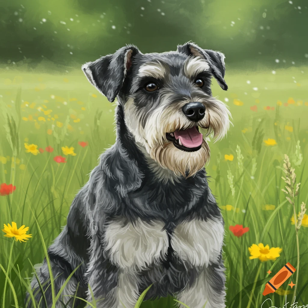 A happy black and white Schnauzer dog sits in a field of green grass and colorful wildflowers, depicted in a digital painting style.