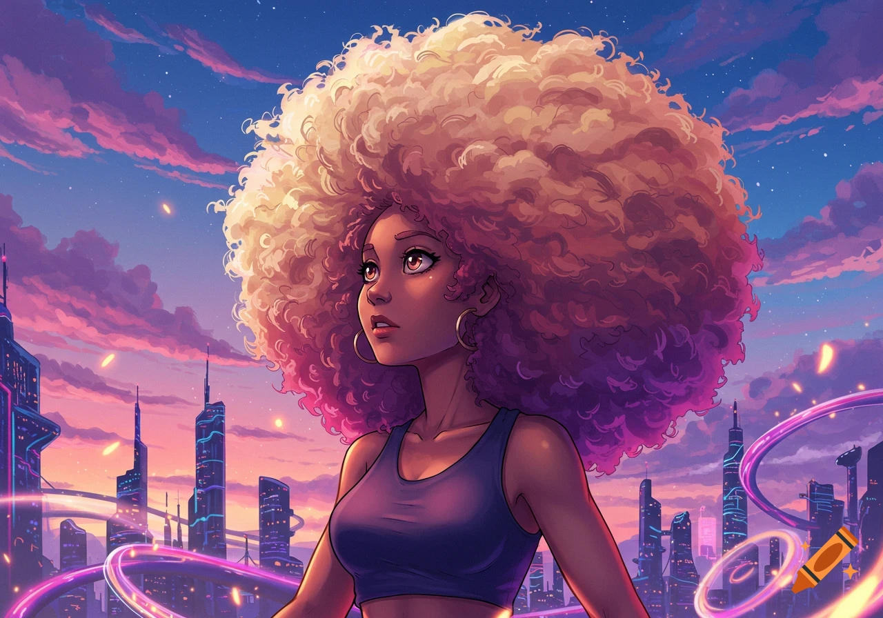 Anime woman with a large, curly afro looks up against a futuristic city skyline at sunset, featuring glowing purple rings.