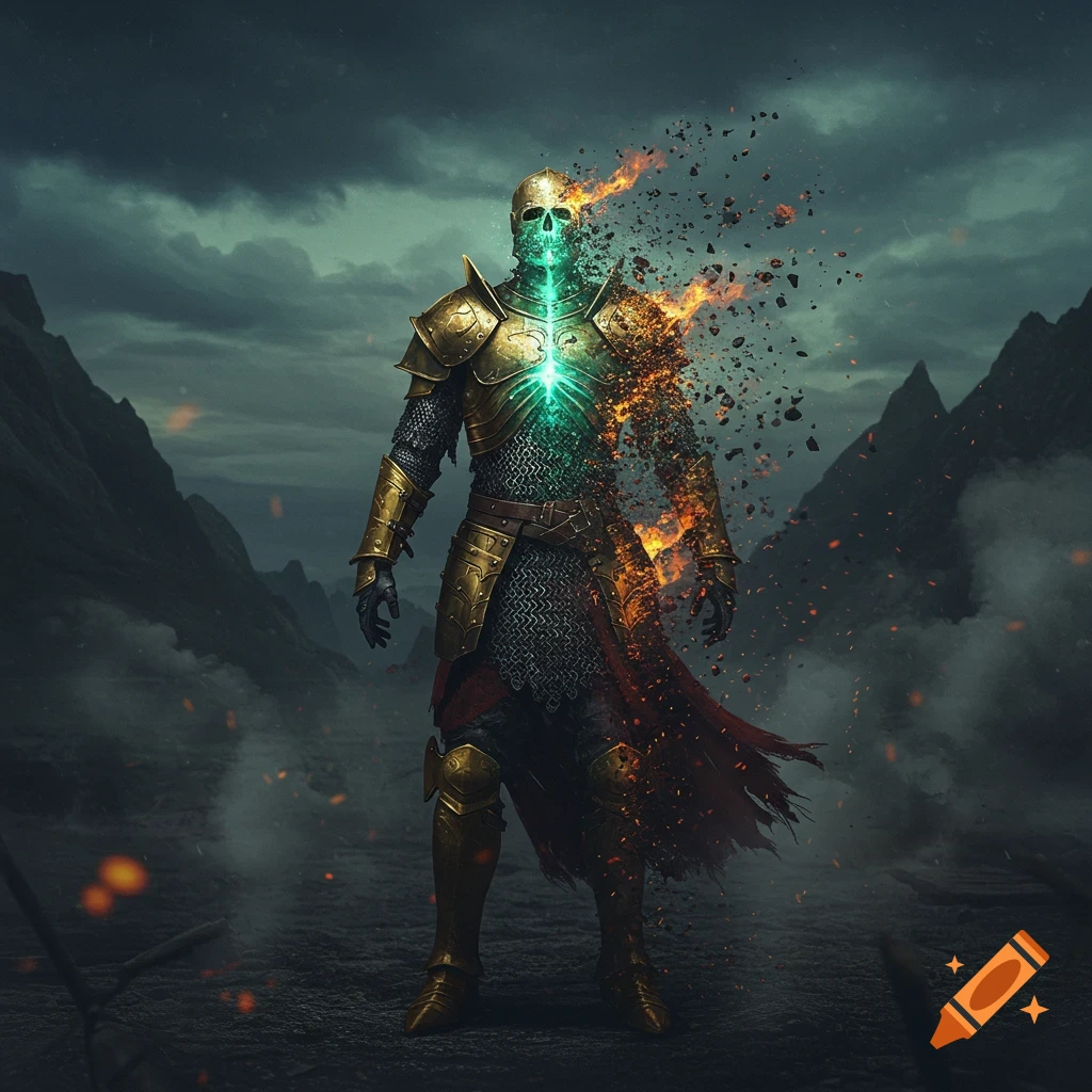 A fantasy knight in golden armor with a skull-like head disintegrating into ash and flames in a dark, mountainous landscape.
