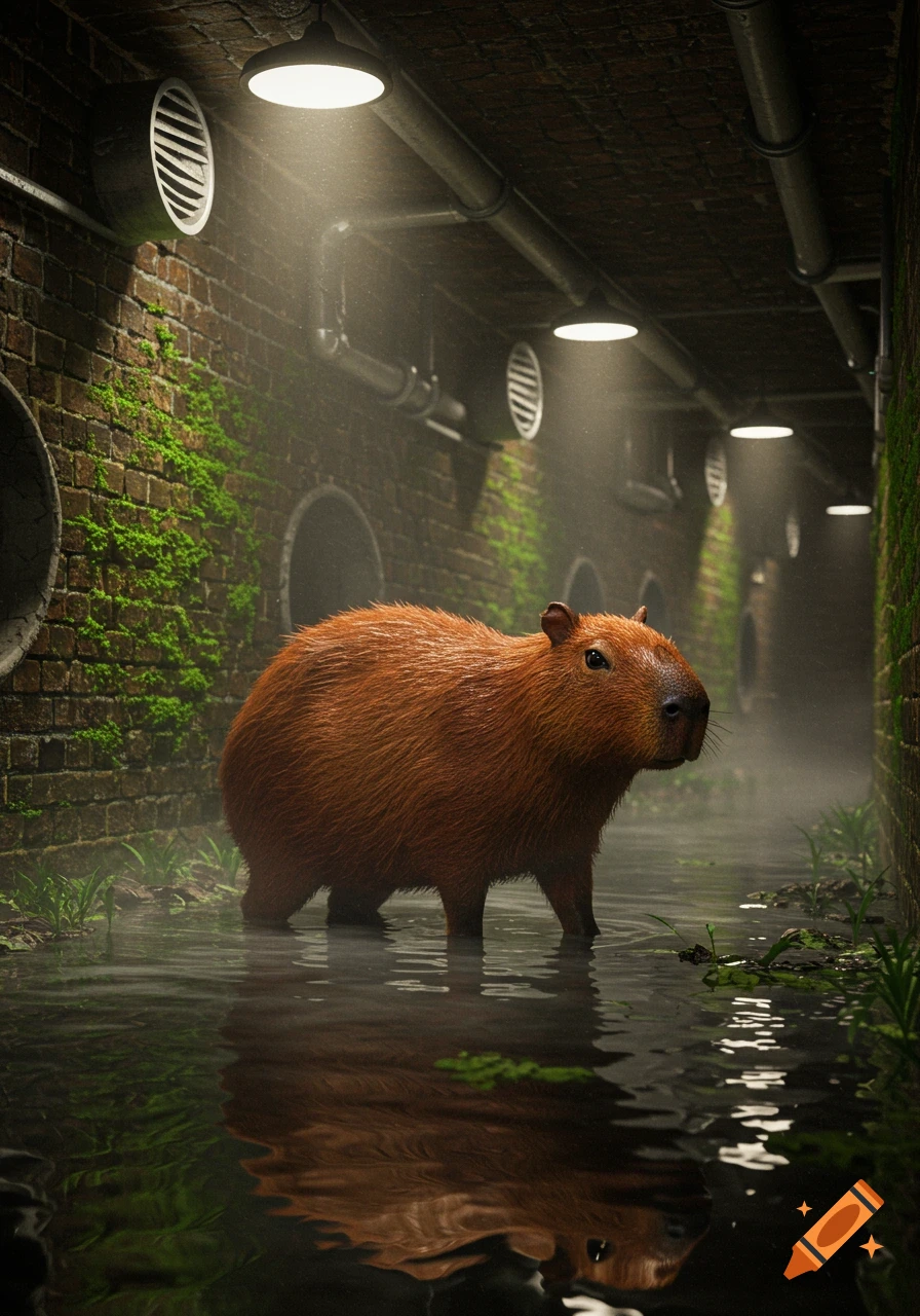 Photorealistic capybara stands in shallow water in a dark, mossy brick sewer with overhead lights.