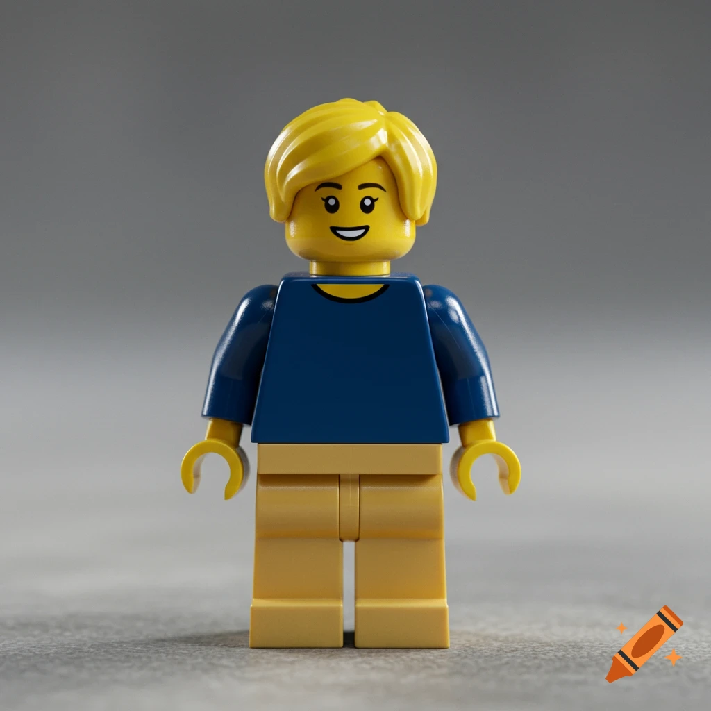 A Lego minifigure woman with short blonde hair, a blue shirt, and tan pants, standing against a gray background.