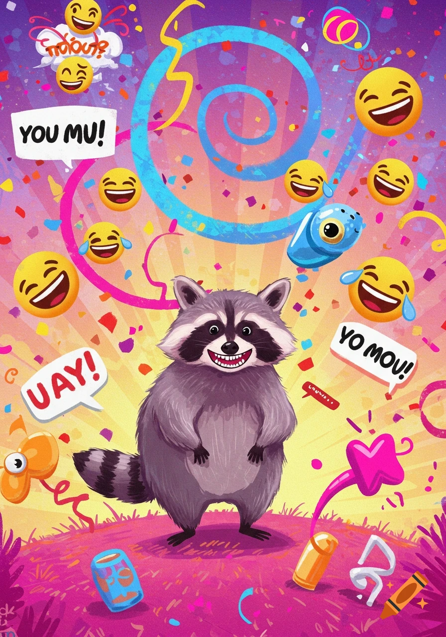 A happy cartoon raccoon smiles widely amidst confetti, laughing emojis, and colorful swirls in a vibrant illustration.