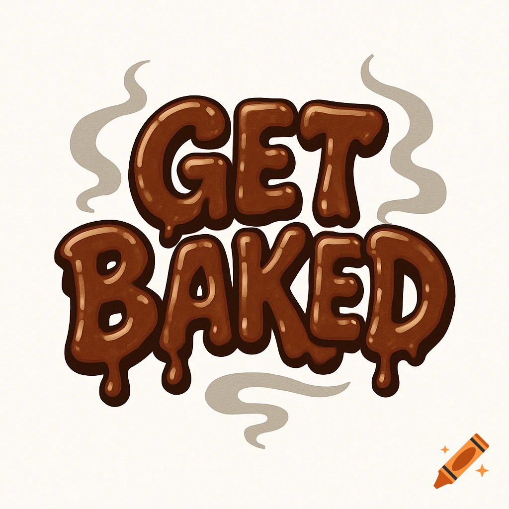 Logo with brown, melting chocolate-like letters spelling 'GET BAKED' surrounded by subtle smoke curls on a white background.