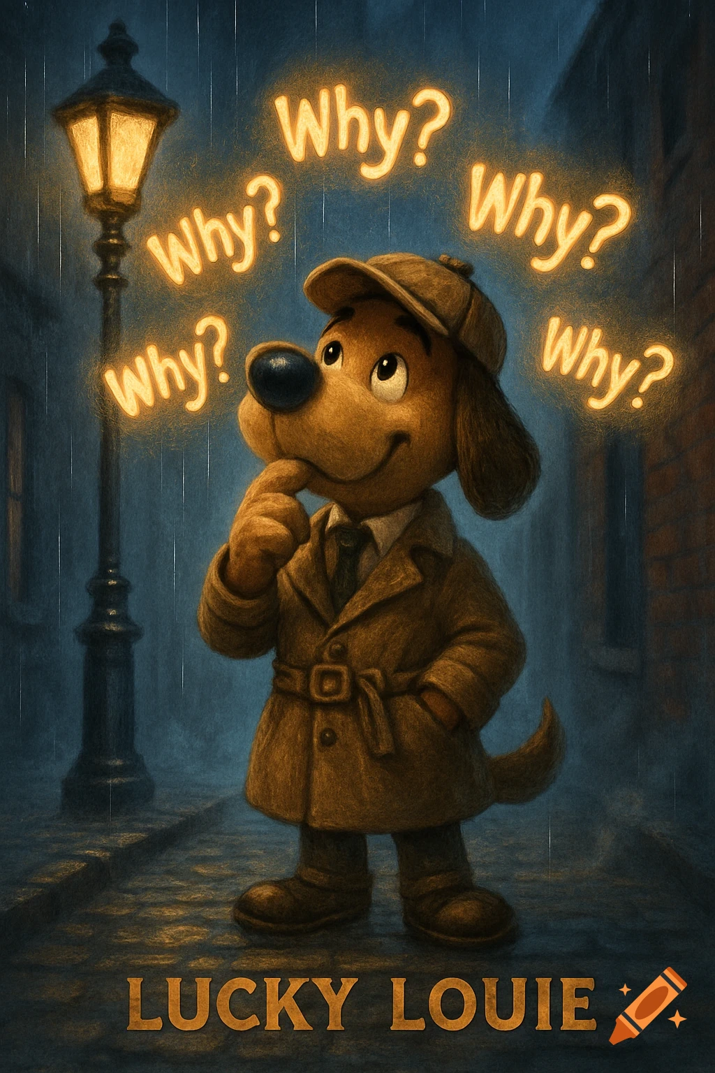 Cartoon dog detective 'Lucky Louie' in a trench coat stands on a rainy street at night, with glowing 'Why?' text floating around him.