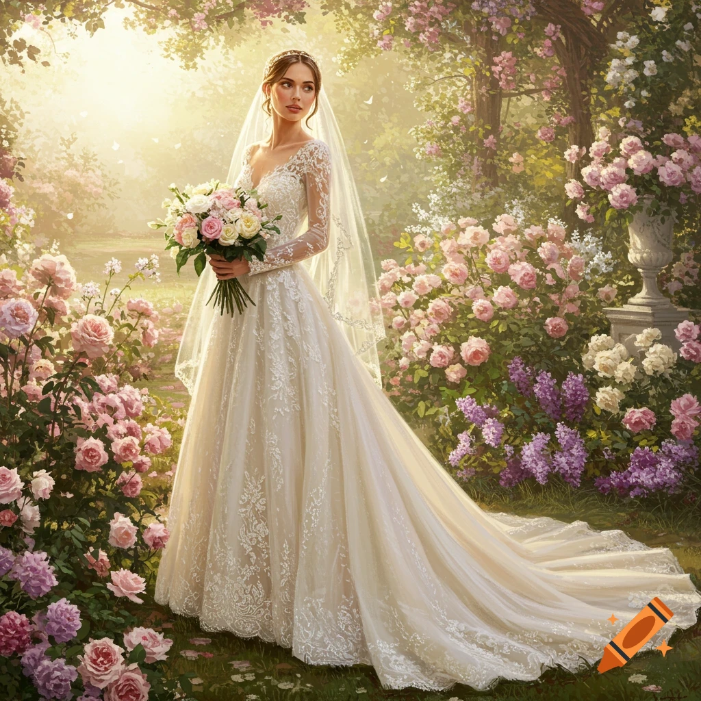 A beautiful bride in a white lace wedding dress stands in a sunlit garden, holding a bouquet of pink and white roses.