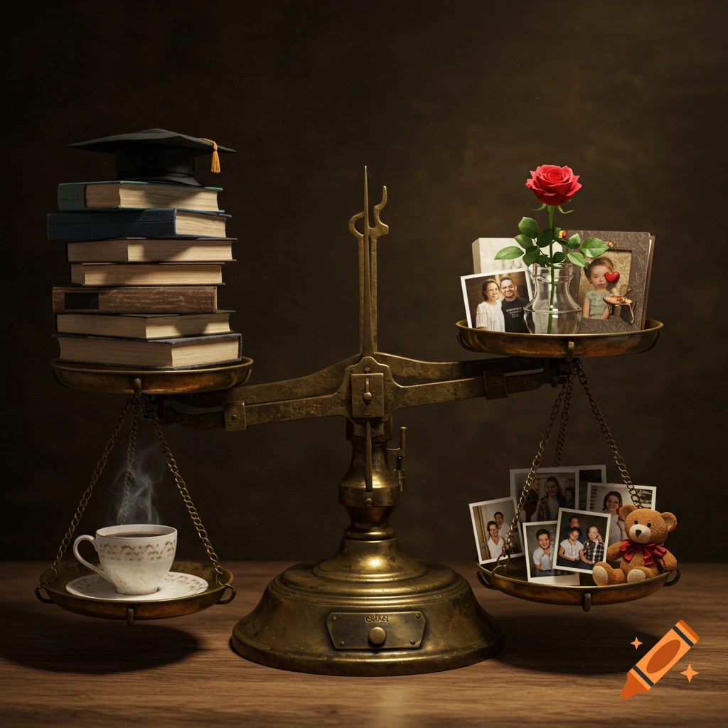 A vintage brass scale balances a stack of books with a graduation cap and a steaming coffee cup on one side, against family photos, a single red rose, and a teddy bear on the other.