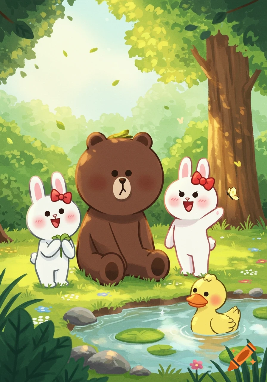 Brown bear sits with two white rabbits and a yellow duck in a sunny cartoon forest scene by a pond.