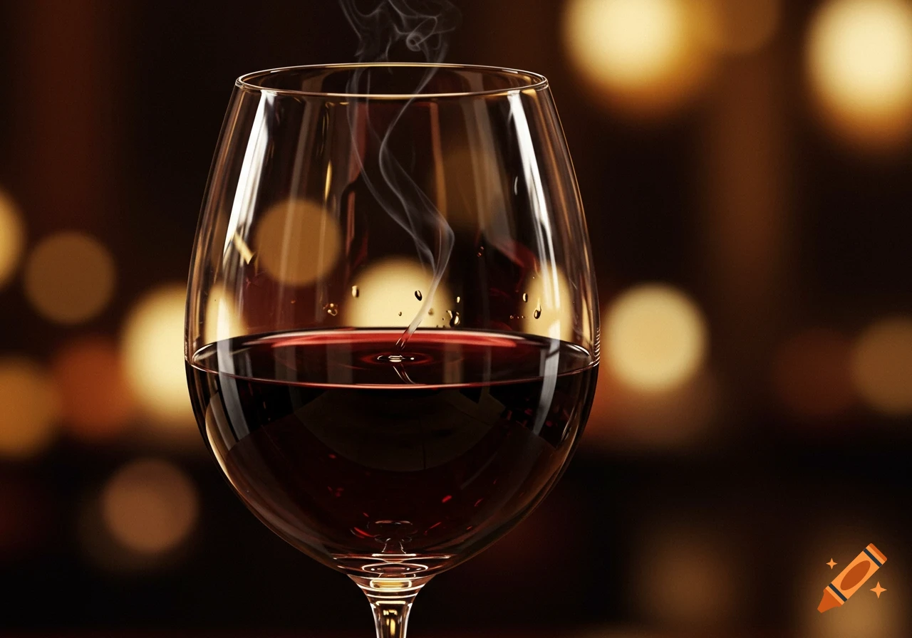 Close-up of a glass of red wine with subtle vapor rising from its surface, against a blurred warm-toned background.