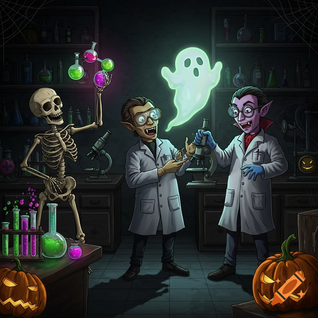 A cartoon illustration of a skeleton, two vampire-like scientists, and a ghost conducting experiments in a spooky laboratory with pumpkins.