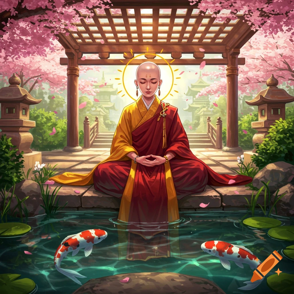 An anime-style female monk meditates by a pond with koi fish in a cherry blossom garden.