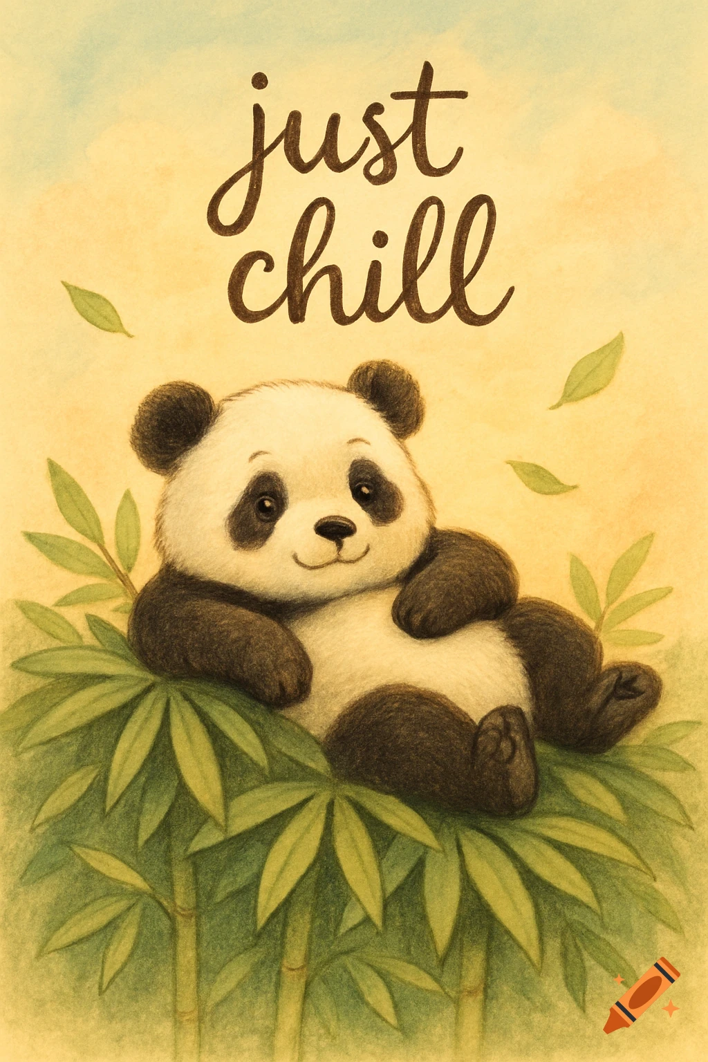 A cute cartoon panda relaxes on green bamboo leaves with the text "just chill" in a whimsical illustration style.