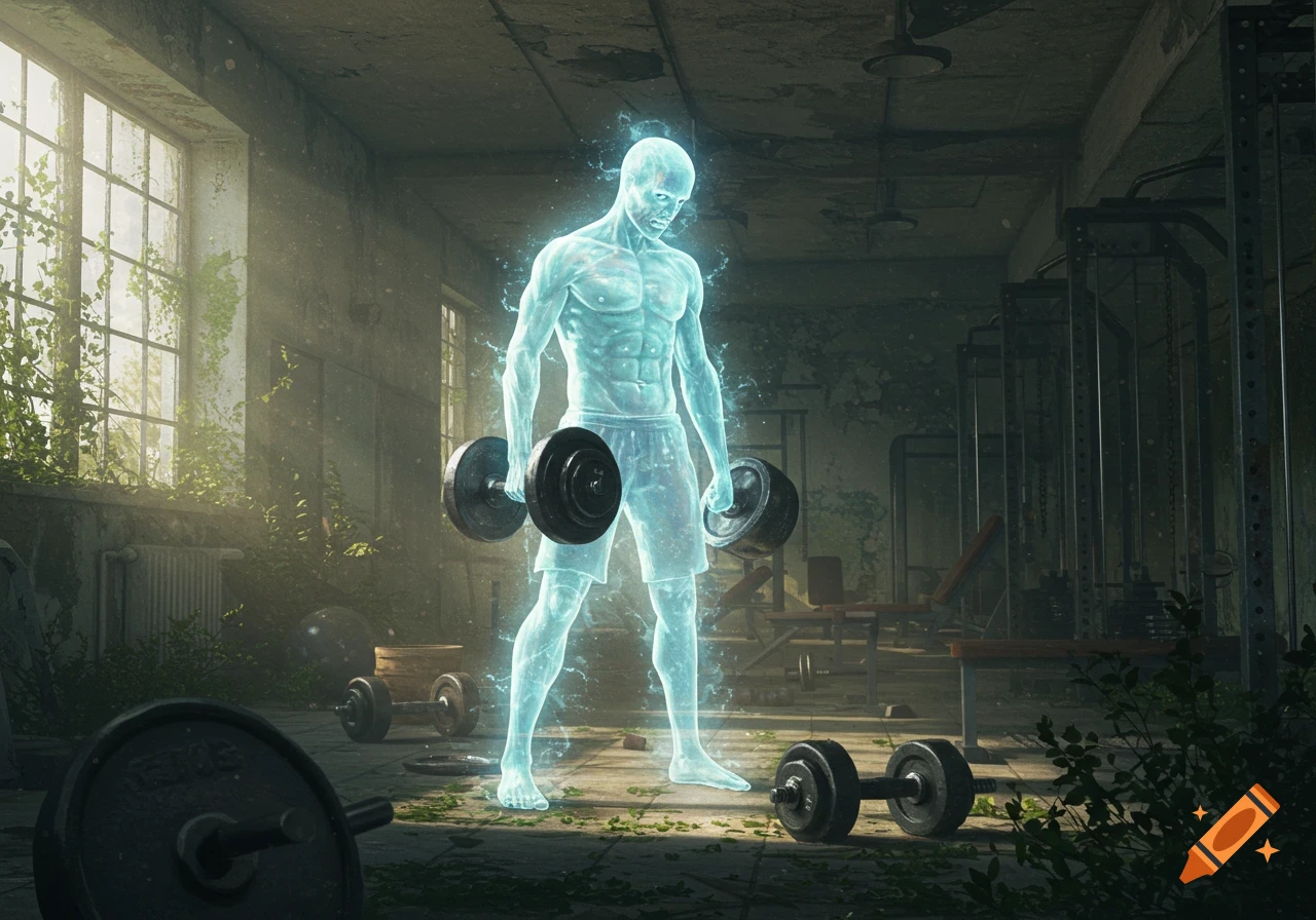 A glowing, ethereal man lifts dumbbells in a rundown, overgrown gym with sunlight streaming through large windows.