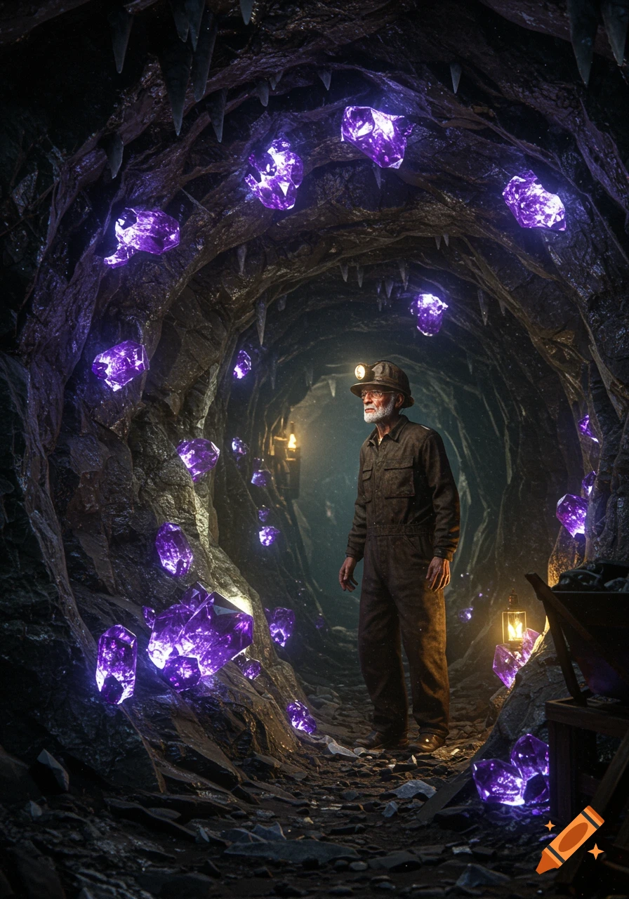 Realistic image of an old miner in a dark cave, lit by his headlamp and many glowing purple crystals.
