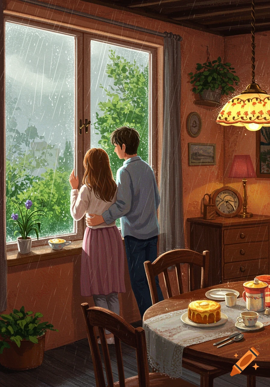 Illustrated couple embraces, looking out a window at heavy rain in a cozy room with a cake on the table.