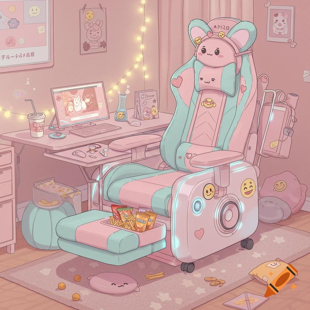 A pastel pink and mint green kawaii gaming setup with a plush chair, laptop, desk, snacks, and cute emoji decorations.