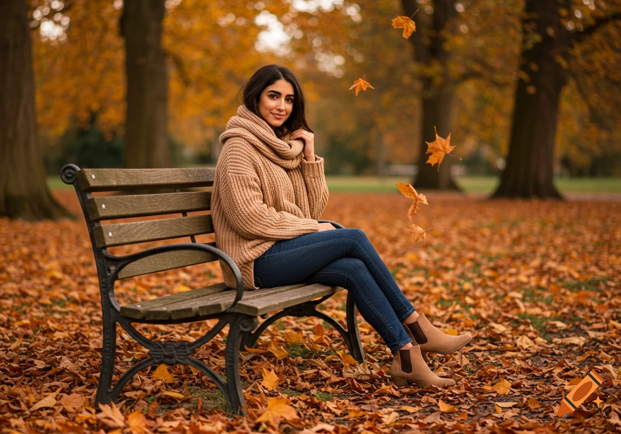 Young woman in a camel sweater, jeans, and scarf sits on a park bench amidst fallen autumn leaves, smiling in warm sunlight.