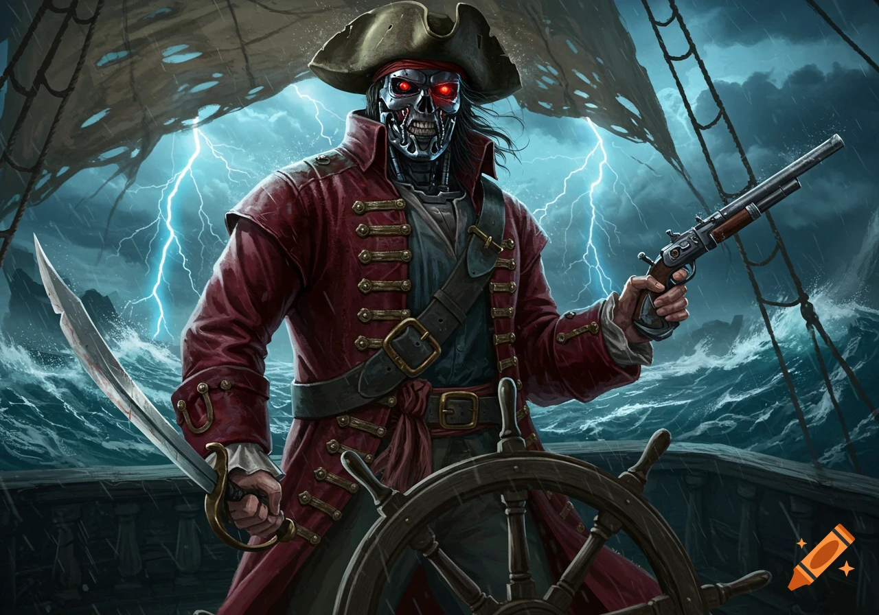 A menacing cyborg pirate in a red coat and tricorn hat steers a ship during a stormy lightning-filled night, holding a sword and pistol.