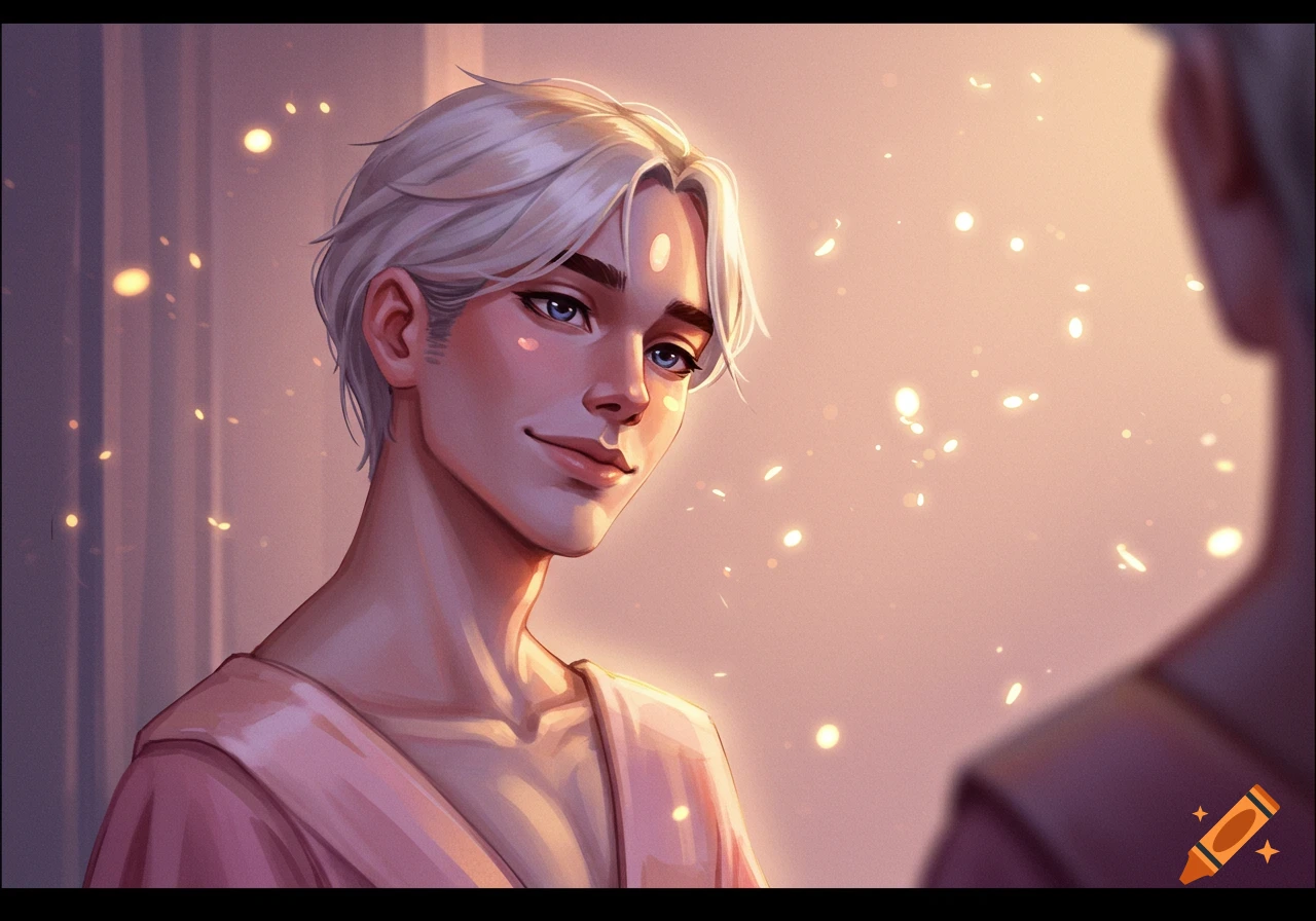 An illustration of a fair-skinned young man with white hair and blue eyes, wearing a pink robe, smiling subtly, surrounded by golden bokeh.