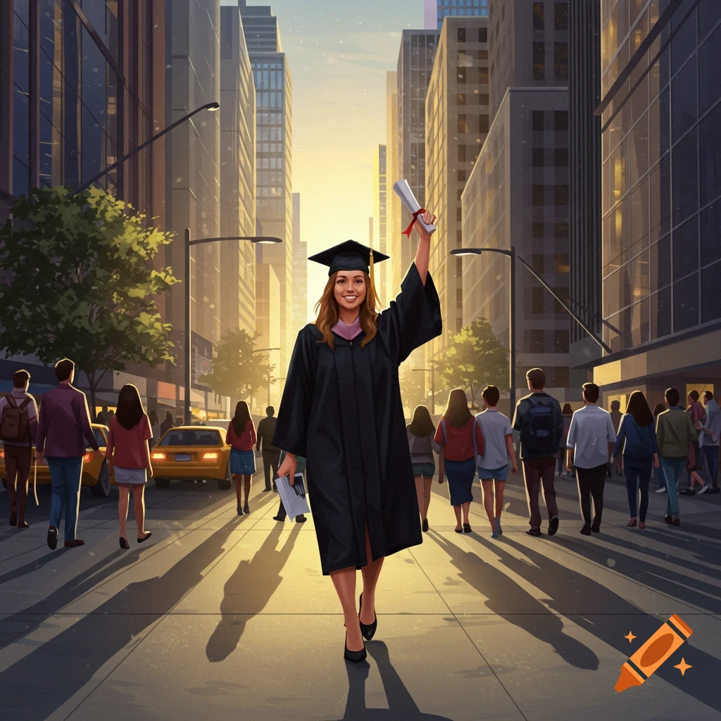 A smiling college graduate in a cap and gown holds a diploma while walking down a sunlit city street.
