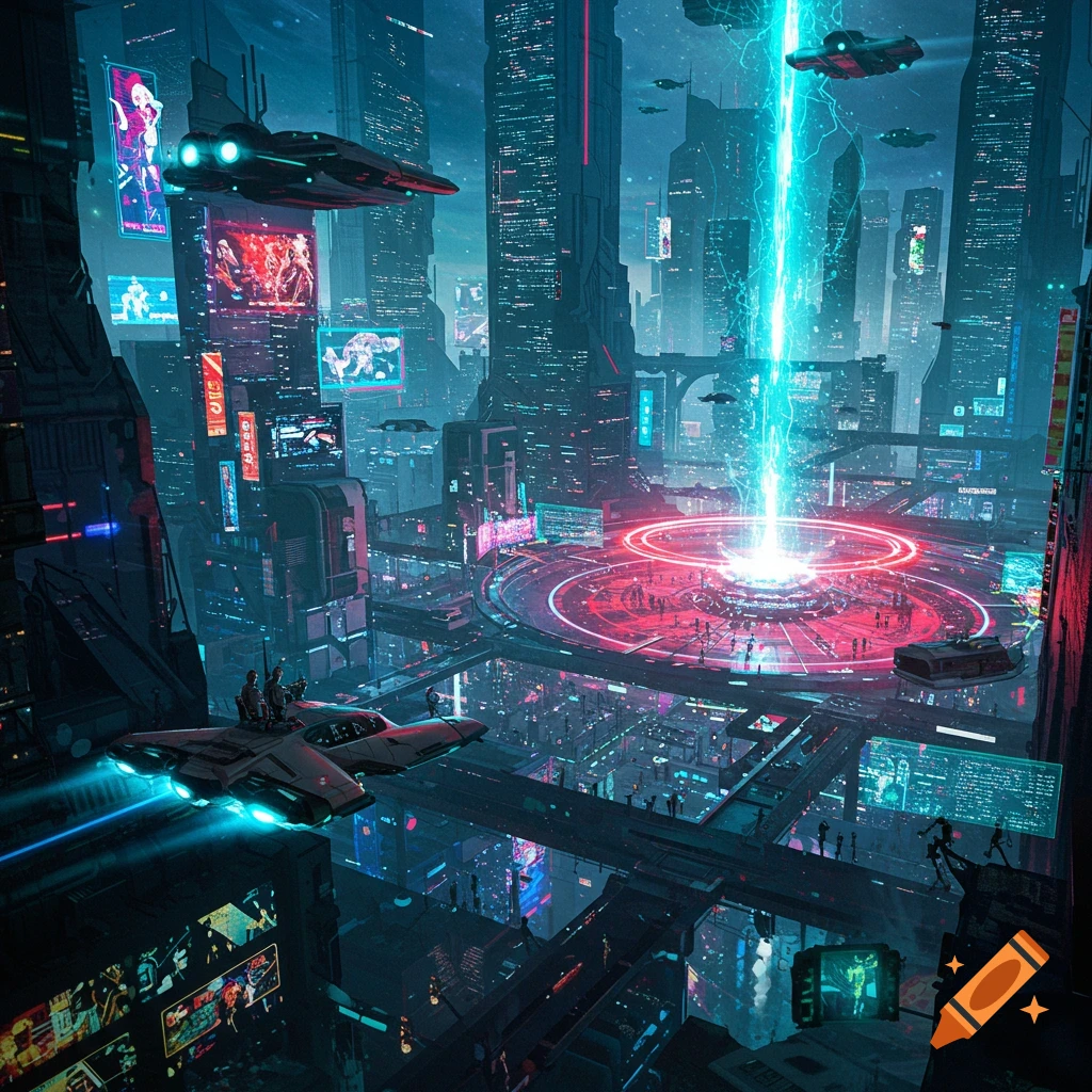 A vibrant, neon-lit futuristic cityscape at night with towering skyscrapers, flying vehicles, and a blue energy beam.
