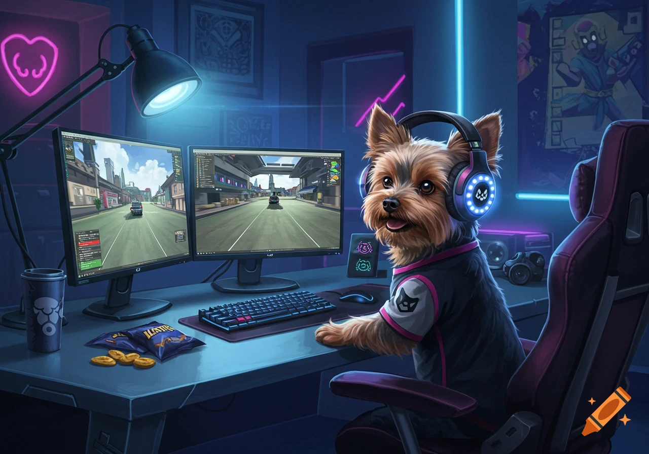 A cute Yorkshire Terrier dog wearing a headset and shirt, sitting at a desk with two computer monitors displaying a racing game in a neon-lit room.