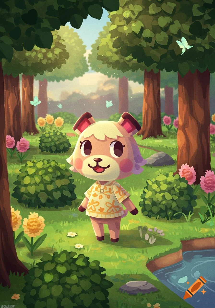 A smiling, light brown cartoon animal villager with blonde hair and a patterned shirt stands in a lush, sunny forest with butterflies and a stream.