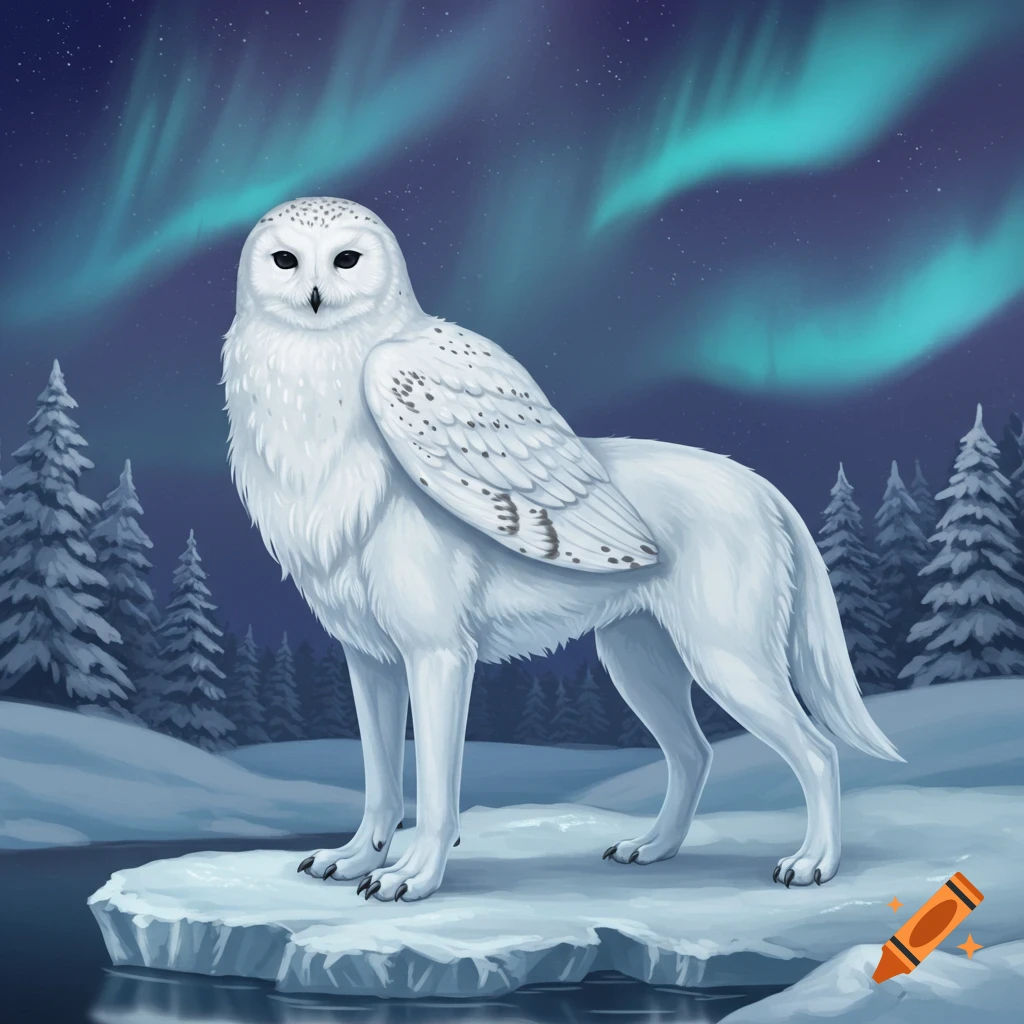 A majestic white owl-wolf hybrid with patterned wings stands on ice, under a starry night sky with a vibrant aurora borealis.