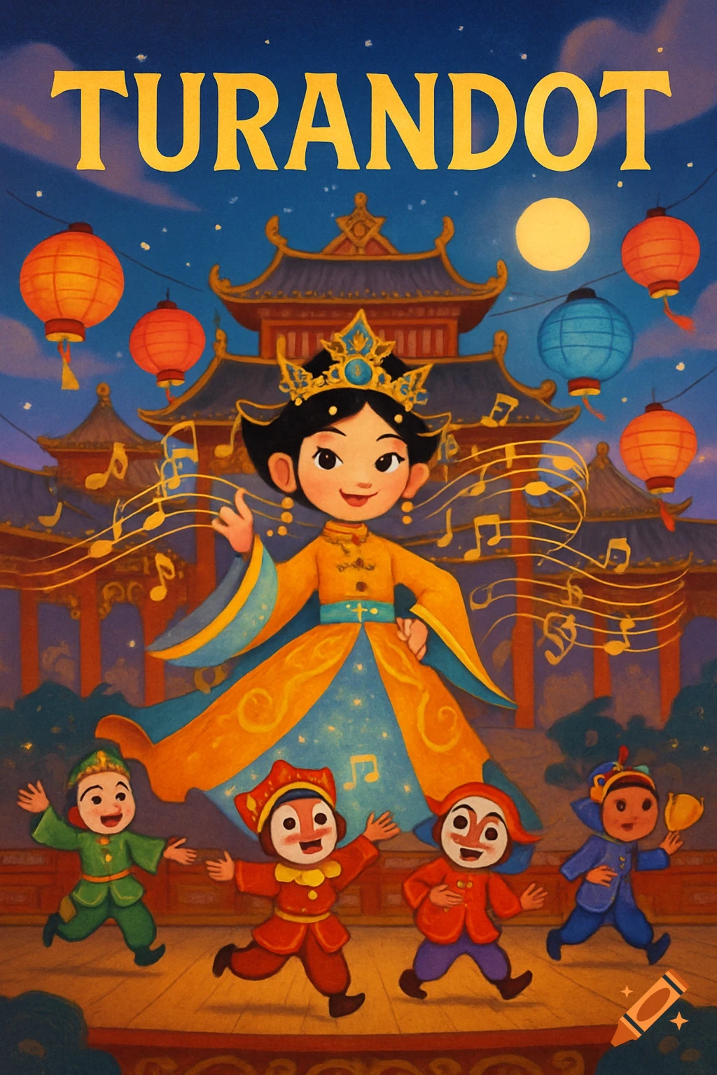 Cartoon poster for 'TURANDOT' with a princess and children dancing on a stage before a Chinese palace at night with lanterns.